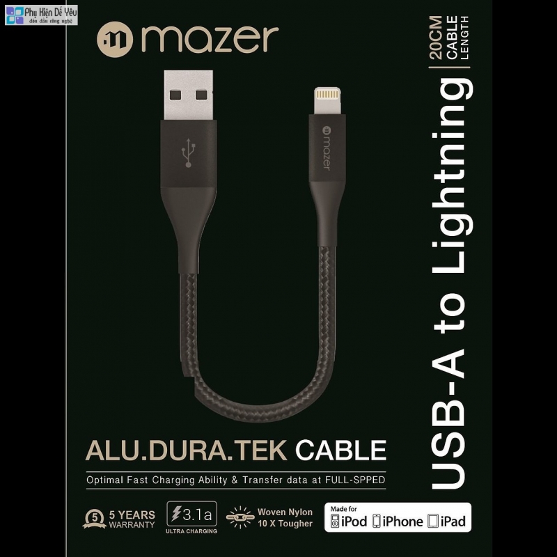 Cáp USB-A to Lightning Mazer ALU.DURA.TEK 20cm