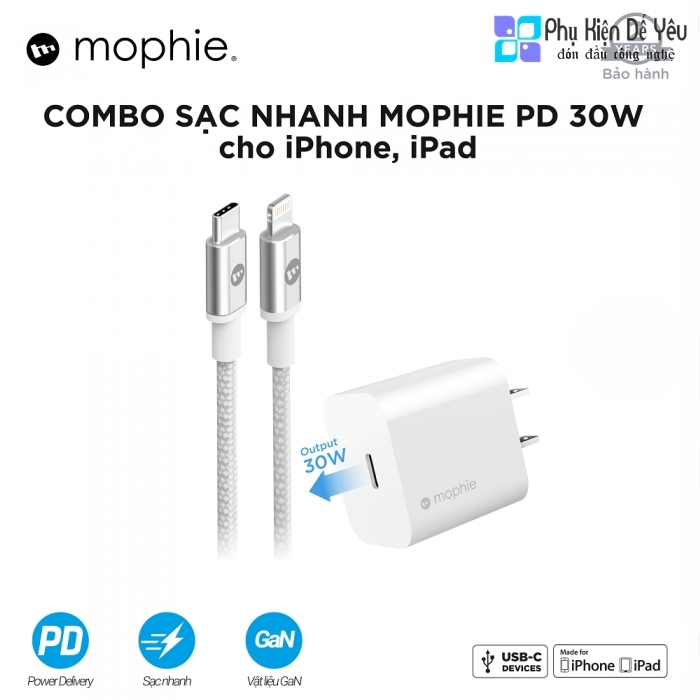 Combo Sạc mophie 30W USB-C GaN và Cáp USB-C to Lightning mophie 1m