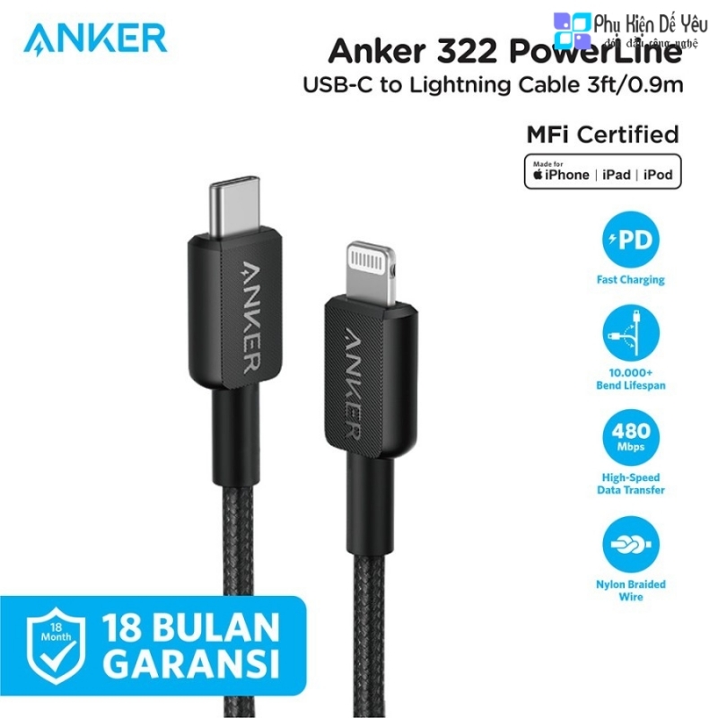 Cáp Anker 322 USB-C to Lightning (0.9m, bện Nylon) - A81B5