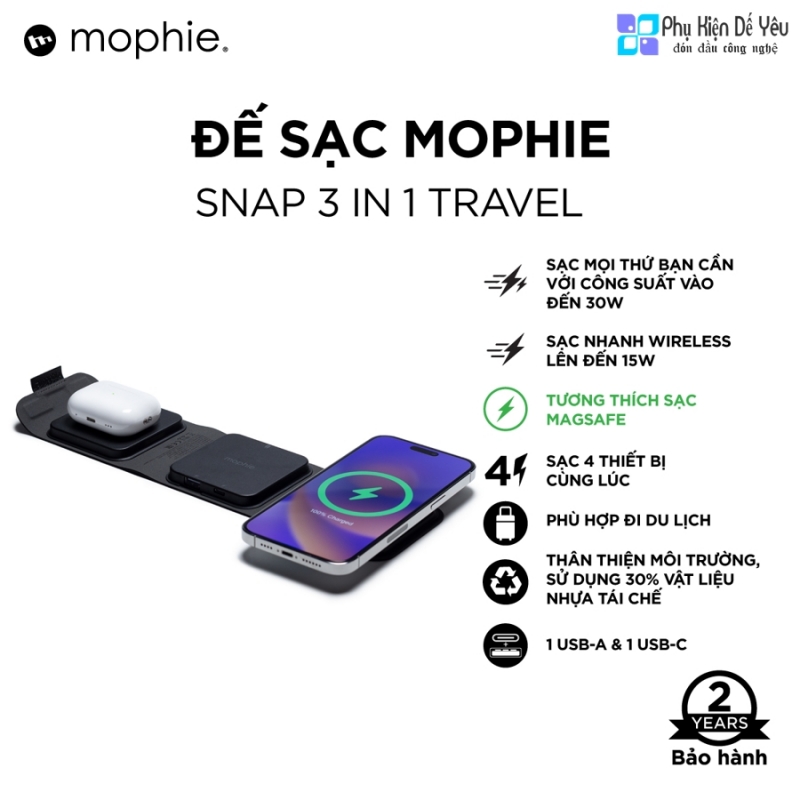 Sạc mophie snap+ multi device travel (tương thích MagSafe) - 401309740