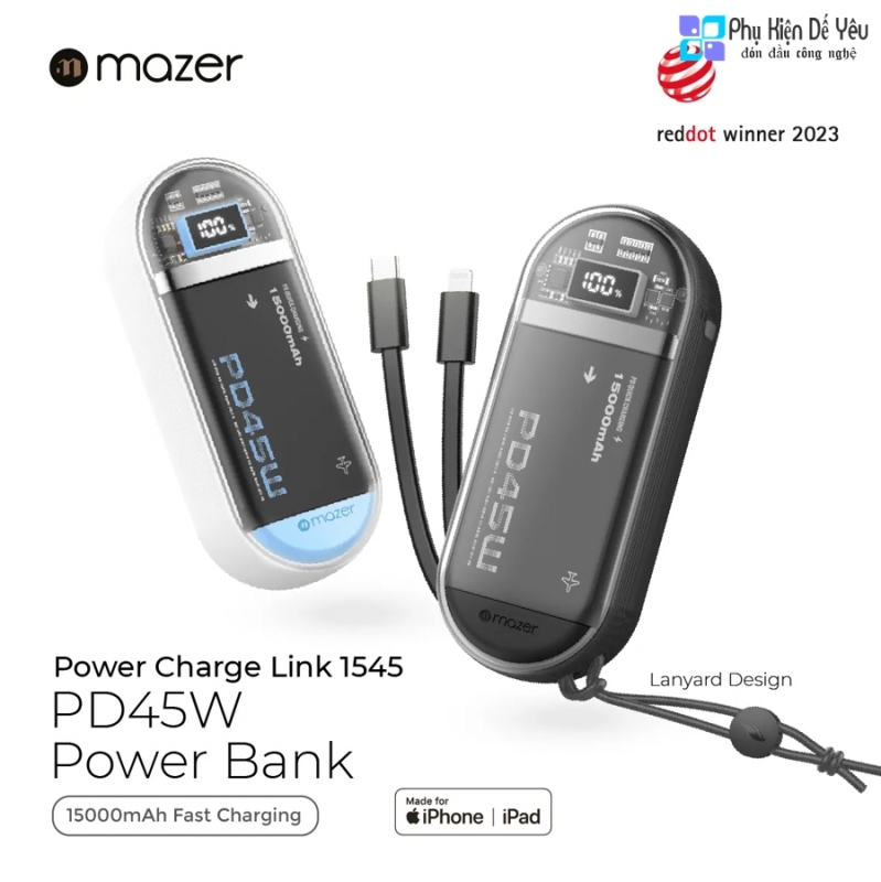 Pin dự phòng Mazer PowerCharge Link 1545 15000mAh PD45W (Tích hợp cáp USB-C & Lightning)