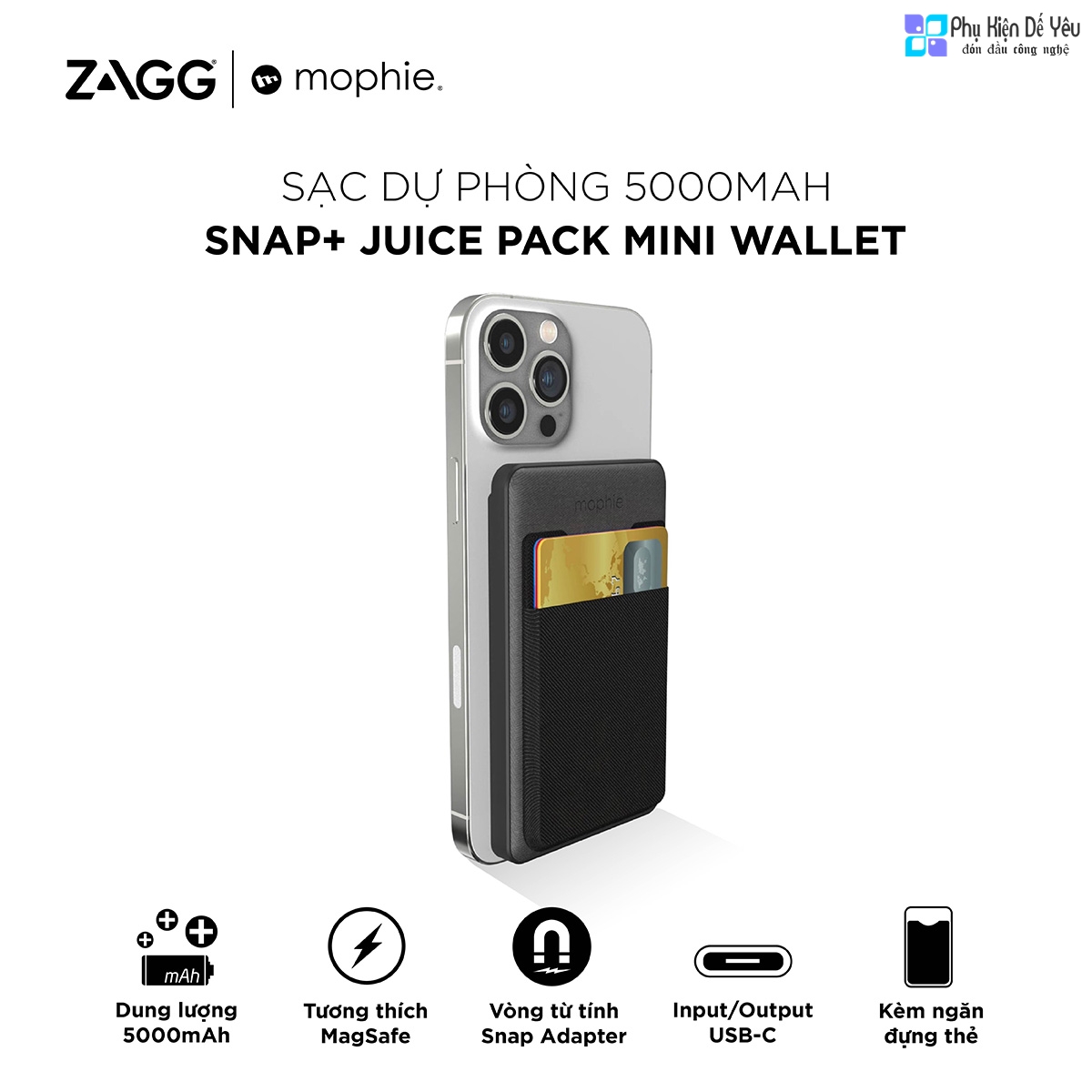 Pin dự phòng tích hợp ví mophie snap+ Juice Pack Wallet 5K - 5,000mAh, MagSafe - 401108985