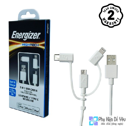 Cáp 3 trong 1 Lightning, Micro USB và USB-C Energizer 1.2m