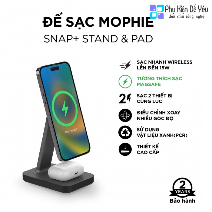 Sạc không dây mophie Snap+ 2-in-1 Charge Stand & Pad - 15w - 401309750